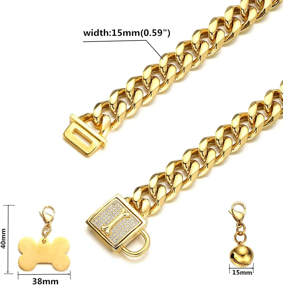 Gold Chain Dog Collar Walking Trainning Chain Collar with CZ Lock ID Tag and Bell Chew Proof 11MM/15MM/19MM Stainless Steel Cuban Link Chain for Small Medium Large Dogs (15Mm, 10Inch)