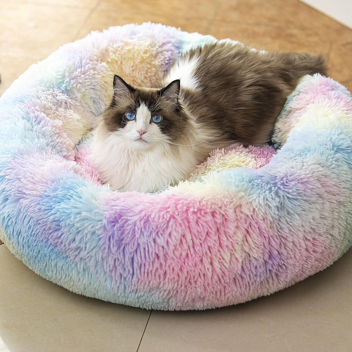 Anti-Anxiety Round Fluffy Plush Faux Fur Washable Dog and Cat Bed for Small, Medium, and Large Pets, Designed to Relieve Joint Discomfort and Enhance Sleep (20"/24"/27", Rainbow)