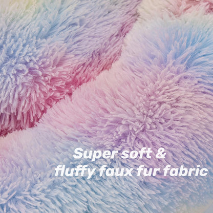 Anti-Anxiety Round Fluffy Plush Faux Fur Washable Dog and Cat Bed for Small, Medium, and Large Pets, Designed to Relieve Joint Discomfort and Enhance Sleep (20"/24"/27", Rainbow)
