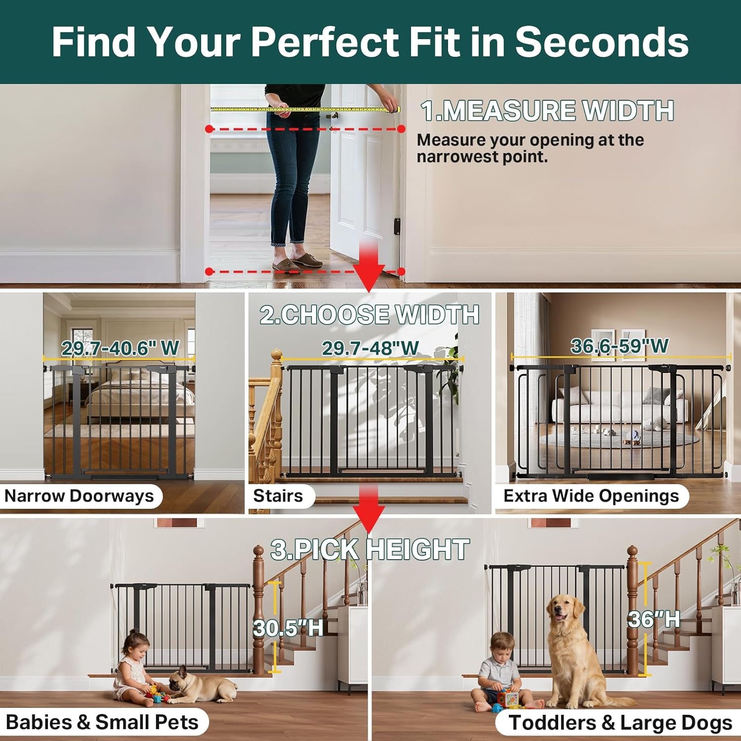 29.7-40.6" Adjustable Baby Gate for Stairs - Award-Winning Pet Gate for Doorways, Pressure-Mounted Auto-Close Design, Indoor Safety Gate with Convenient Walk-Through Door, Black