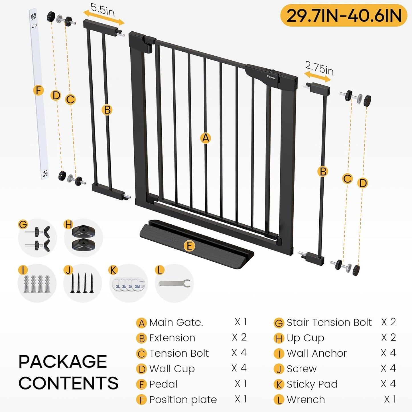 29.7-40.6" Adjustable Baby Gate for Stairs - Award-Winning Pet Gate for Doorways, Pressure-Mounted Auto-Close Design, Indoor Safety Gate with Convenient Walk-Through Door, Black