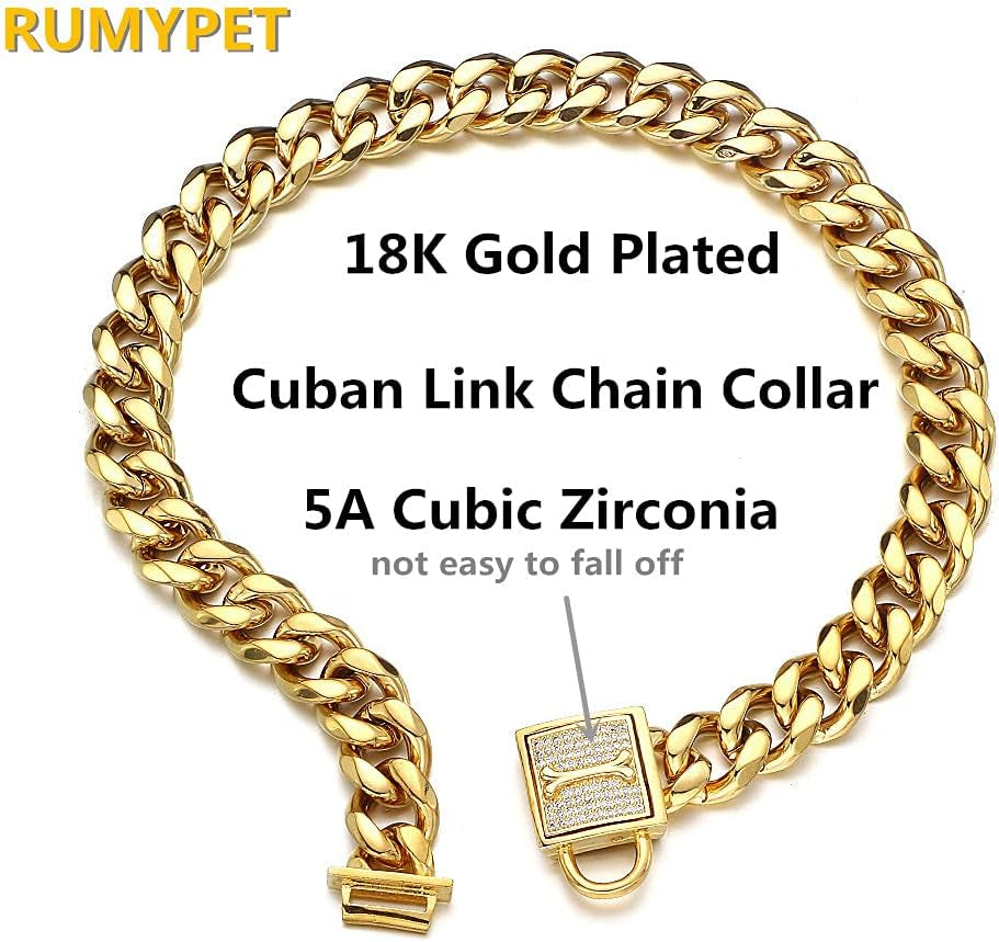 Gold Chain Dog Collar Walking Trainning Chain Collar with CZ Lock ID Tag and Bell Chew Proof 11MM/15MM/19MM Stainless Steel Cuban Link Chain for Small Medium Large Dogs (15Mm, 10Inch)