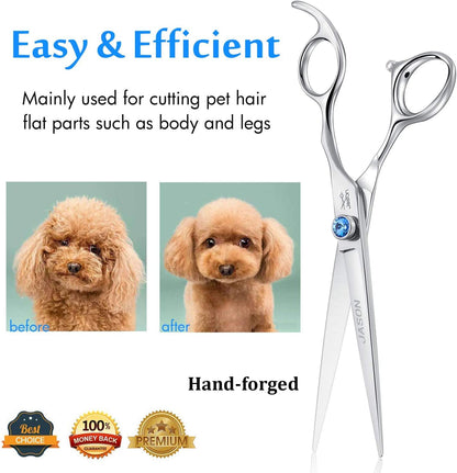 7-Inch Ergonomic Dog Grooming Scissors with Offset Handle and Jewelled Screw - Premium Pet Grooming Shears for Cats and Dogs, Ideal for Comfortable Use and Holiday Gifting