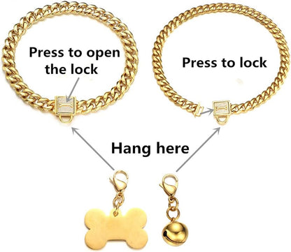 Gold Chain Dog Collar Walking Trainning Chain Collar with CZ Lock ID Tag and Bell Chew Proof 11MM/15MM/19MM Stainless Steel Cuban Link Chain for Small Medium Large Dogs (15Mm, 10Inch)