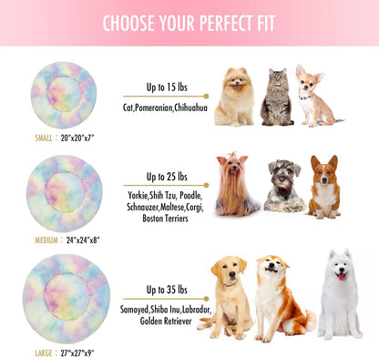 Anti-Anxiety Round Fluffy Plush Faux Fur Washable Dog and Cat Bed for Small, Medium, and Large Pets, Designed to Relieve Joint Discomfort and Enhance Sleep (20"/24"/27", Rainbow)