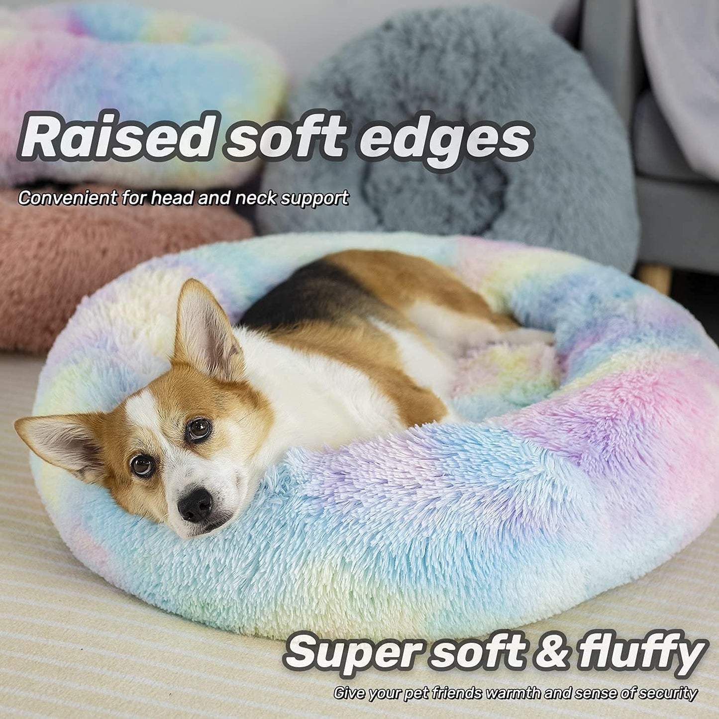 Anti-Anxiety Round Fluffy Plush Faux Fur Washable Dog and Cat Bed for Small, Medium, and Large Pets, Designed to Relieve Joint Discomfort and Enhance Sleep (20"/24"/27", Rainbow)
