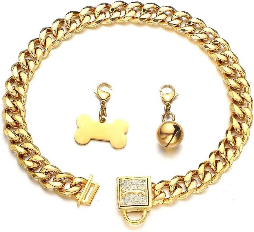 Gold Chain Dog Collar Walking Trainning Chain Collar with CZ Lock ID Tag and Bell Chew Proof 11MM/15MM/19MM Stainless Steel Cuban Link Chain for Small Medium Large Dogs (15Mm, 10Inch)